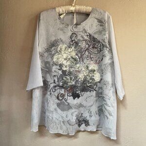 Artw Womens Sequins Beads Lace Floral Embossed Tunic Top Small Gray 3/4 Sleeve